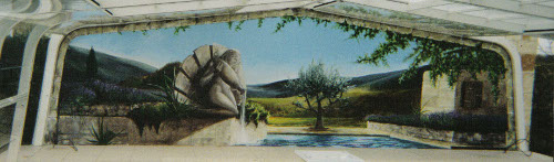 peinture décorative représentant un paysage provençale avec fontaine